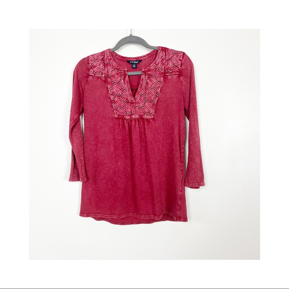Lucky Brand V Neck Slit Womens Top Marled Red Size XS